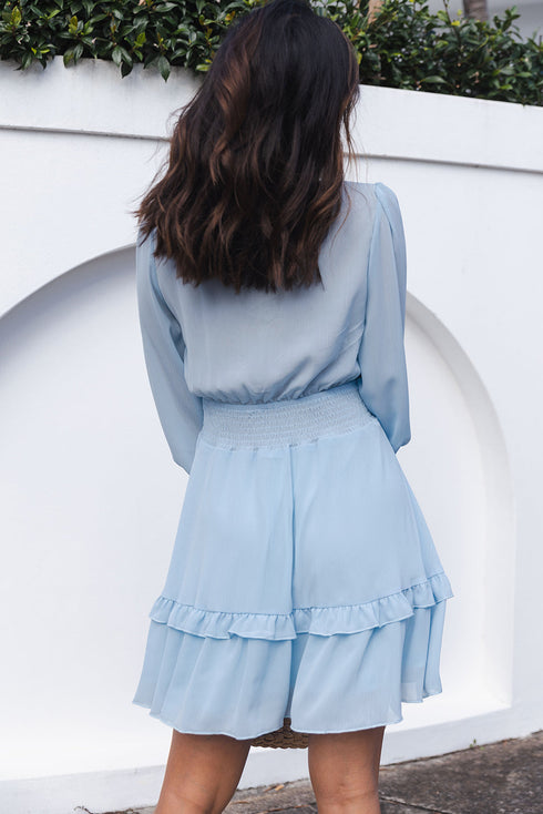 Deep V Neck Lantern Sleeve Knotted Tiered Mini Dress