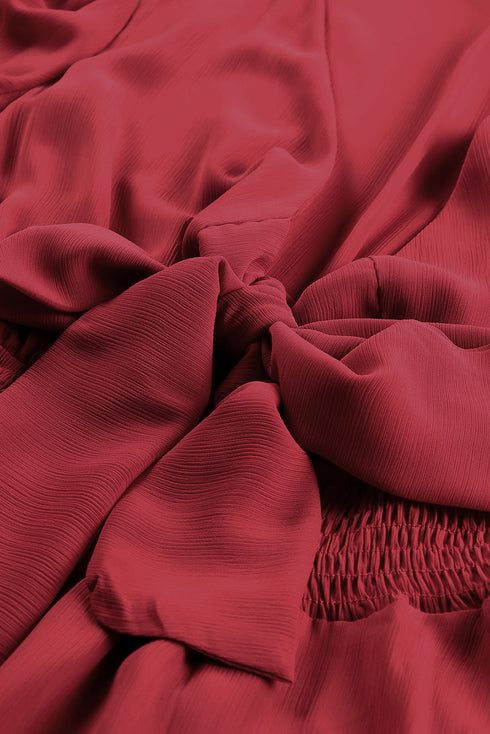 Deep V Neck Lantern Sleeve Knotted Tiered Mini Dress