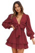 Deep V Neck Lantern Sleeve Knotted Tiered Mini Dress