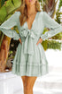 Deep V Neck Lantern Sleeve Knotted Tiered Mini Dress