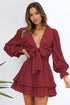 Deep V Neck Lantern Sleeve Knotted Tiered Mini Dress