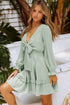 Deep V Neck Lantern Sleeve Knotted Tiered Mini Dress