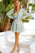Deep V Neck Lantern Sleeve Knotted Tiered Mini Dress