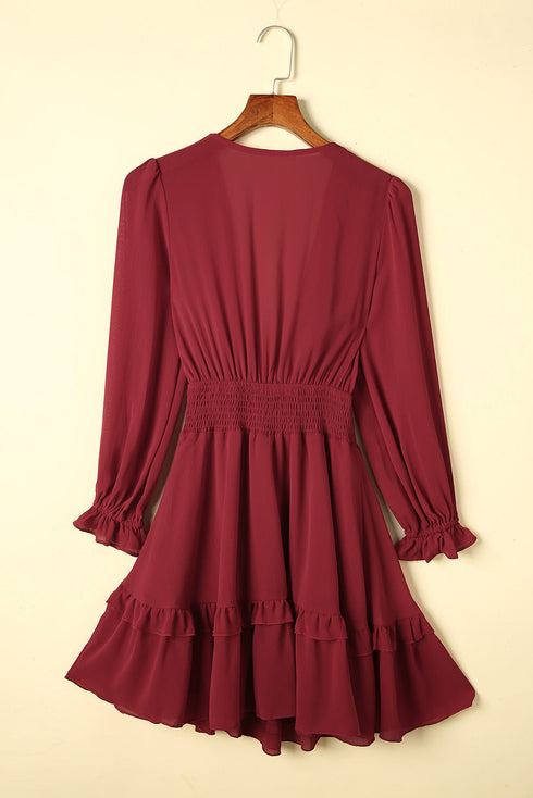 Deep V Neck Lantern Sleeve Knotted Tiered Mini Dress