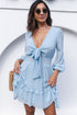 Deep V Neck Lantern Sleeve Knotted Tiered Mini Dress