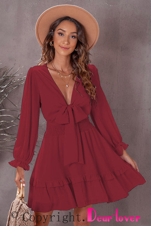 Deep V Neck Lantern Sleeve Knotted Tiered Mini Dress