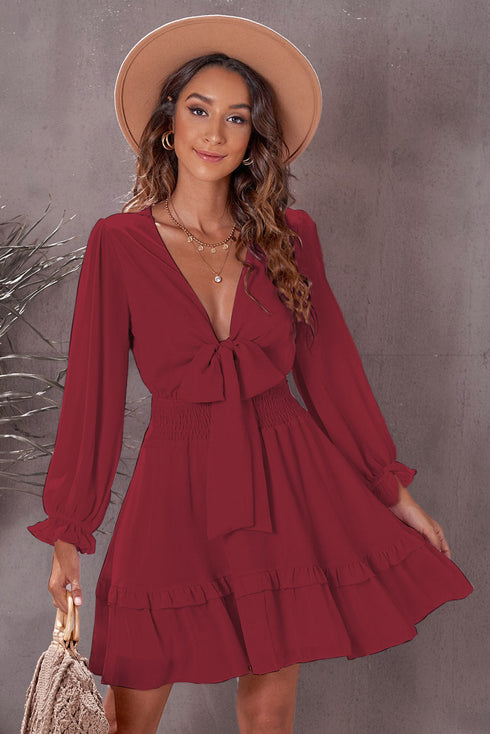 Deep V Neck Lantern Sleeve Knotted Tiered Mini Dress