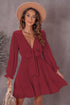 Deep V Neck Lantern Sleeve Knotted Tiered Mini Dress