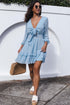 Deep V Neck Lantern Sleeve Knotted Tiered Mini Dress