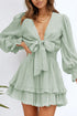 Deep V Neck Lantern Sleeve Knotted Tiered Mini Dress