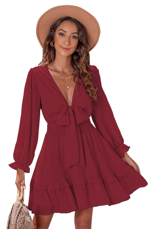 Deep V Neck Lantern Sleeve Knotted Tiered Mini Dress