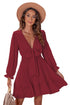 Deep V Neck Lantern Sleeve Knotted Tiered Mini Dress