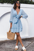 Deep V Neck Lantern Sleeve Knotted Tiered Mini Dress