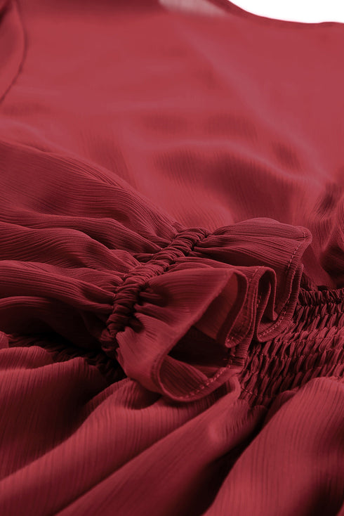 Deep V Neck Lantern Sleeve Knotted Tiered Mini Dress