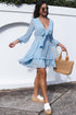 Deep V Neck Lantern Sleeve Knotted Tiered Mini Dress