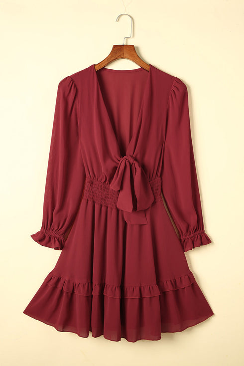 Deep V Neck Lantern Sleeve Knotted Tiered Mini Dress