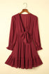 Deep V Neck Lantern Sleeve Knotted Tiered Mini Dress