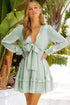 Deep V Neck Lantern Sleeve Knotted Tiered Mini Dress