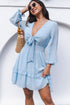 Deep V Neck Lantern Sleeve Knotted Tiered Mini Dress