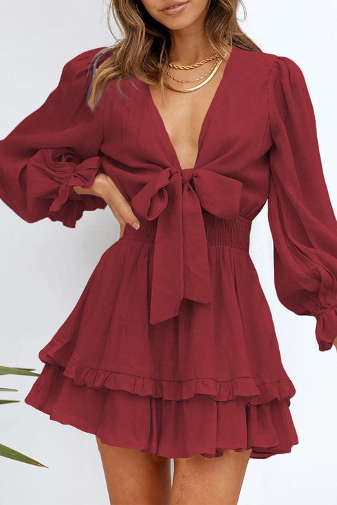 Deep V Neck Lantern Sleeve Knotted Tiered Mini Dress