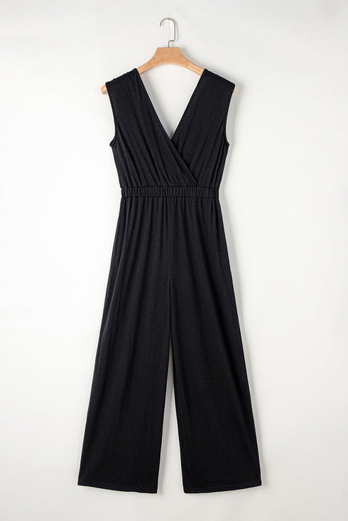 Deep V Pleated Crisscross Wide Leg Backless Jumpsuit