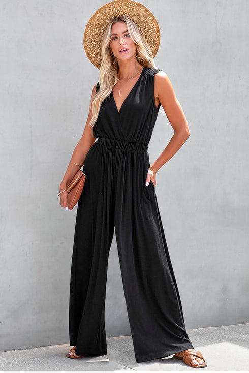 Deep V Pleated Crisscross Wide Leg Backless Jumpsuit