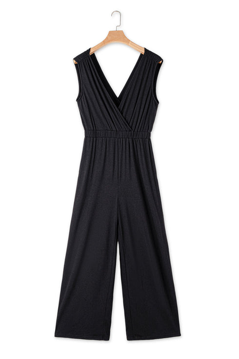 Deep V Pleated Crisscross Wide Leg Backless Jumpsuit
