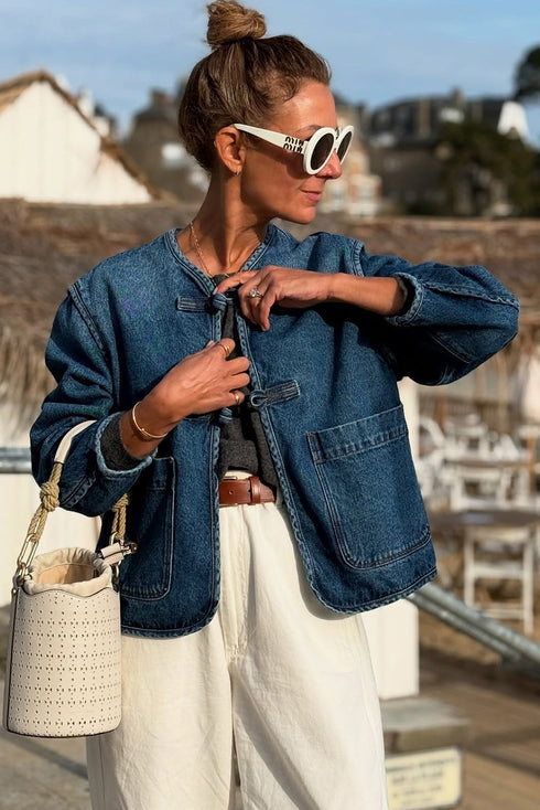 Deep Wash Vintage Button Front Large Patch Pocket Straight Cut Denim Jacket