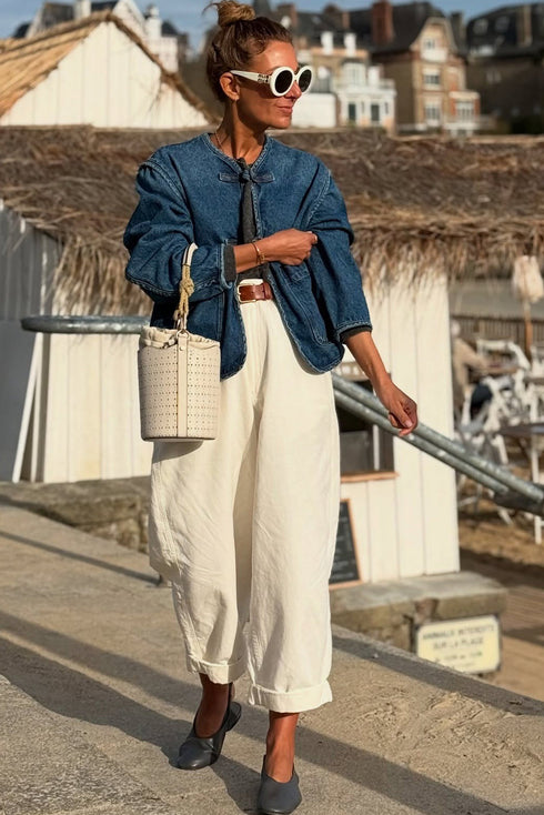 Deep Wash Vintage Button Front Large Patch Pocket Straight Cut Denim Jacket