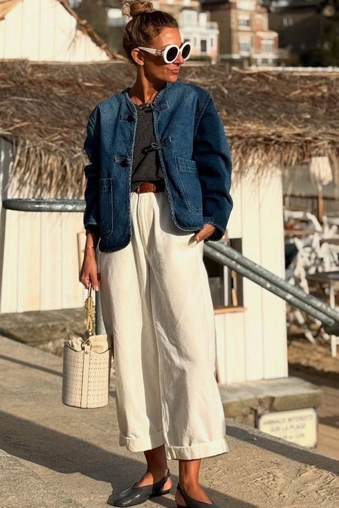 Deep Wash Vintage Button Front Large Patch Pocket Straight Cut Denim Jacket