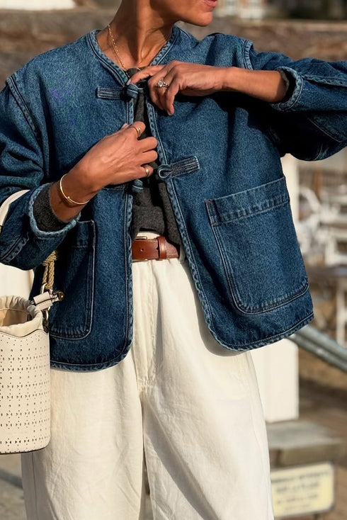 Deep Wash Vintage Button Front Large Patch Pocket Straight Cut Denim Jacket