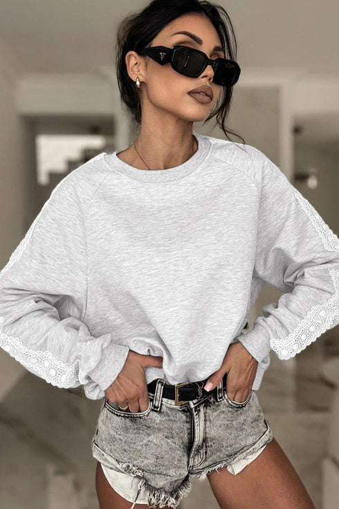 Delicate Lace Trim Raglan Sleeve Crewneck Pullover Sweatshirt Top