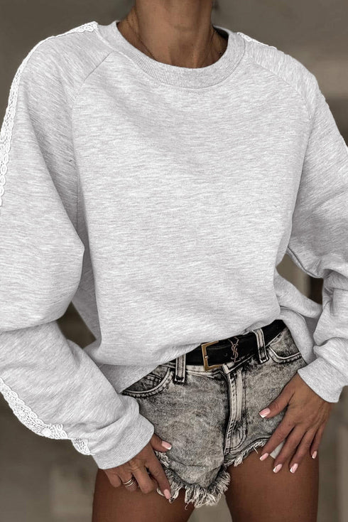 Delicate Lace Trim Raglan Sleeve Crewneck Pullover Sweatshirt Top
