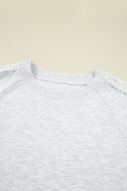 Delicate Lace Trim Raglan Sleeve Crewneck Pullover Sweatshirt Top