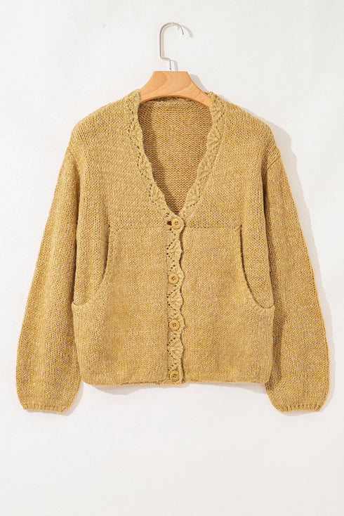 Delicate Scallop Edge V Neck Button Down Cozy Knit Cardigan