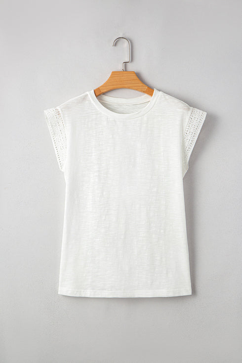 Delicate Trim Lace Cap Sleeve Round Neck Slub Tee
