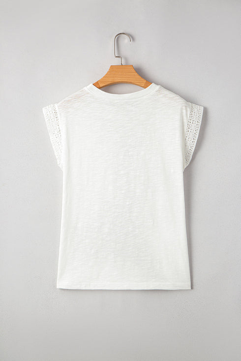 Delicate Trim Lace Cap Sleeve Round Neck Slub Tee