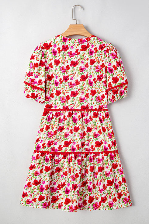Delightful Bloom Puff Sleeve Tiered Ric Rac Mini Dress