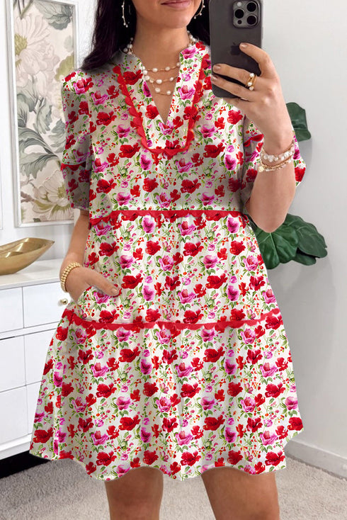 Delightful Bloom Puff Sleeve Tiered Ric Rac Mini Dress