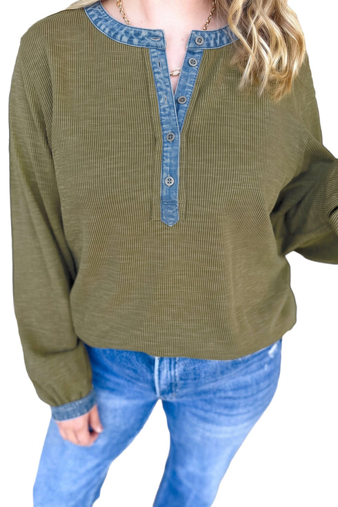 Denim Accent V Neck Long Sleeve Oversized Top