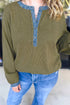 Denim Accent V Neck Long Sleeve Oversized Top