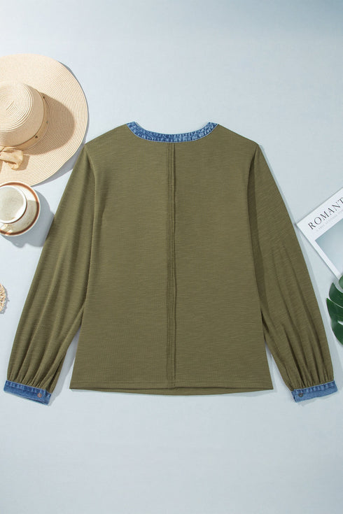 Denim Accent V Neck Long Sleeve Oversized Top