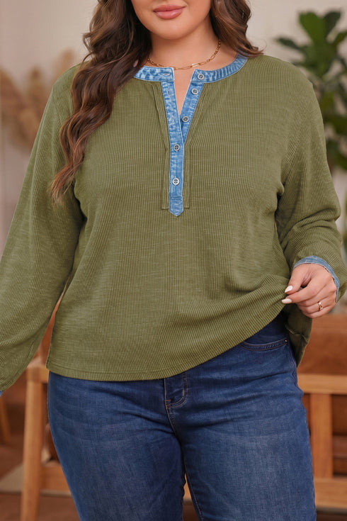 Denim Accent V Neck Long Sleeve Oversized Top