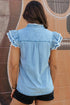 Denim Button Front Frayed Ruffle Flutter Sleeve Top