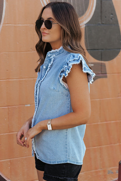 Denim Button Front Frayed Ruffle Flutter Sleeve Top