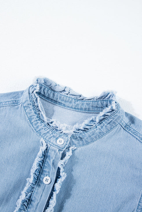 Denim Button Front Frayed Ruffle Flutter Sleeve Top