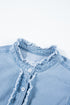 Denim Button Front Frayed Ruffle Flutter Sleeve Top