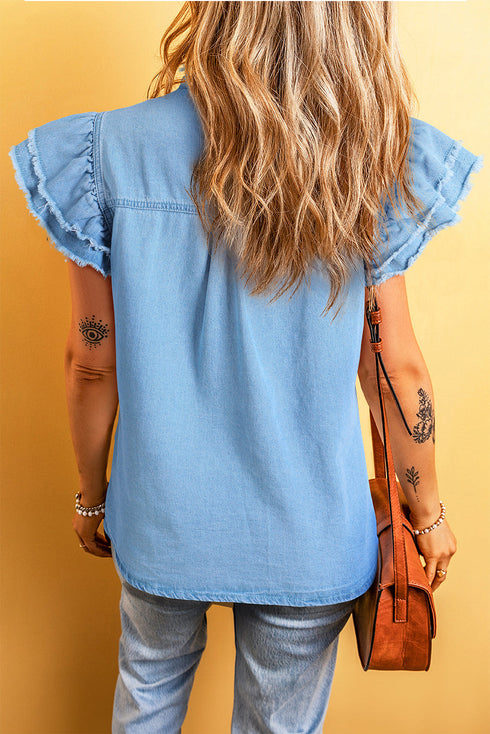 Denim Button Front Frayed Ruffle Flutter Sleeve Top