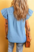 Denim Button Front Frayed Ruffle Flutter Sleeve Top