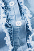 Denim Button Front Frayed Ruffle Flutter Sleeve Top
